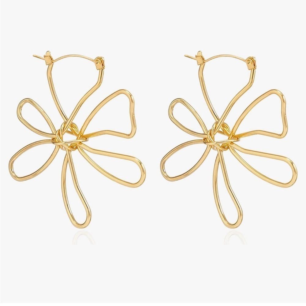Gold wire Flower abstract Hoop Earrings